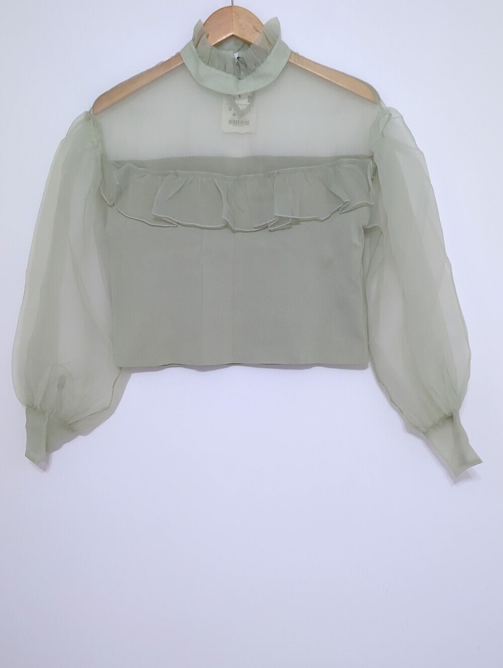Zara Sage Green Organza Puff Sleeve Ruffle Blouse Sheer Knit Top S - Picture 5 of 6